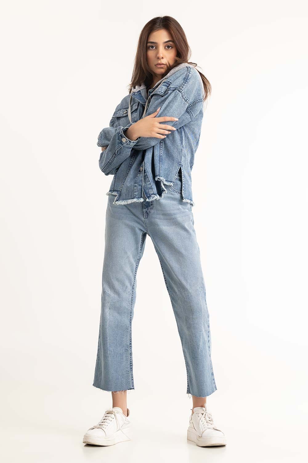 Blue Denim Button Down Hoodie 224-217-015