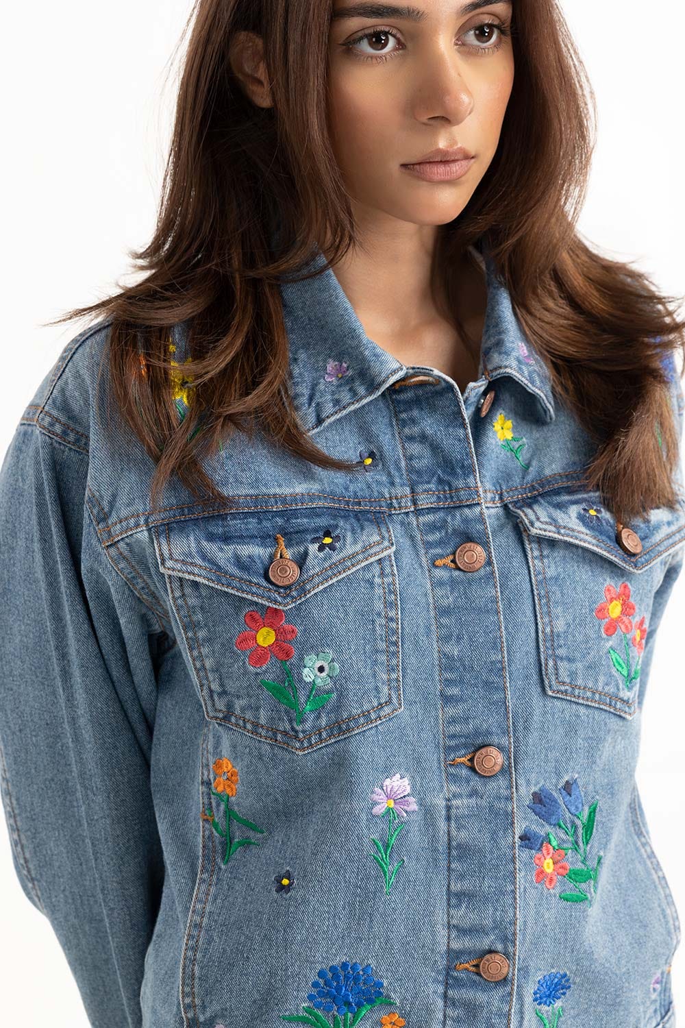 Blue Embroidered Denim Jacket 224-210-041