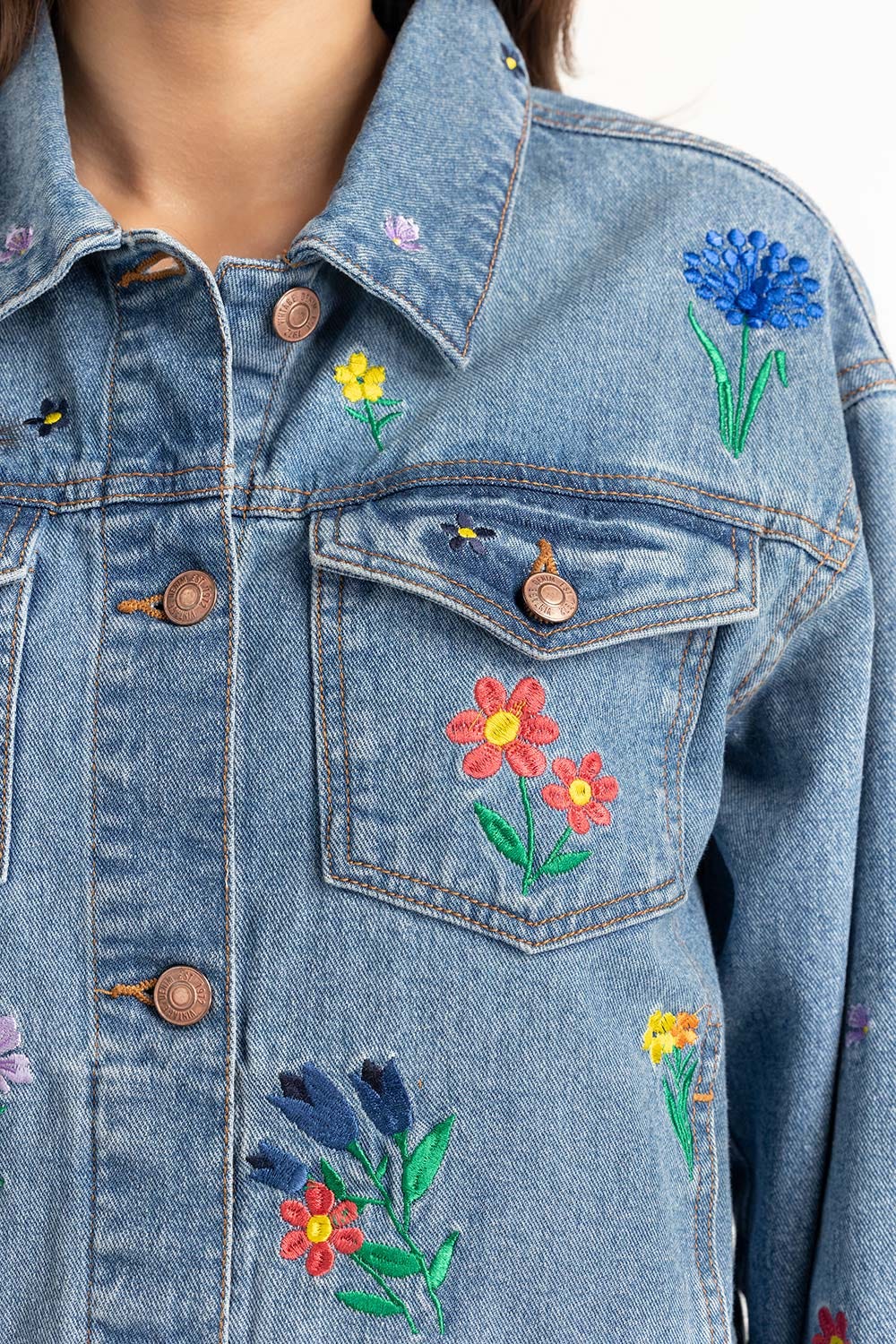 Blue Embroidered Denim Jacket 224-210-041