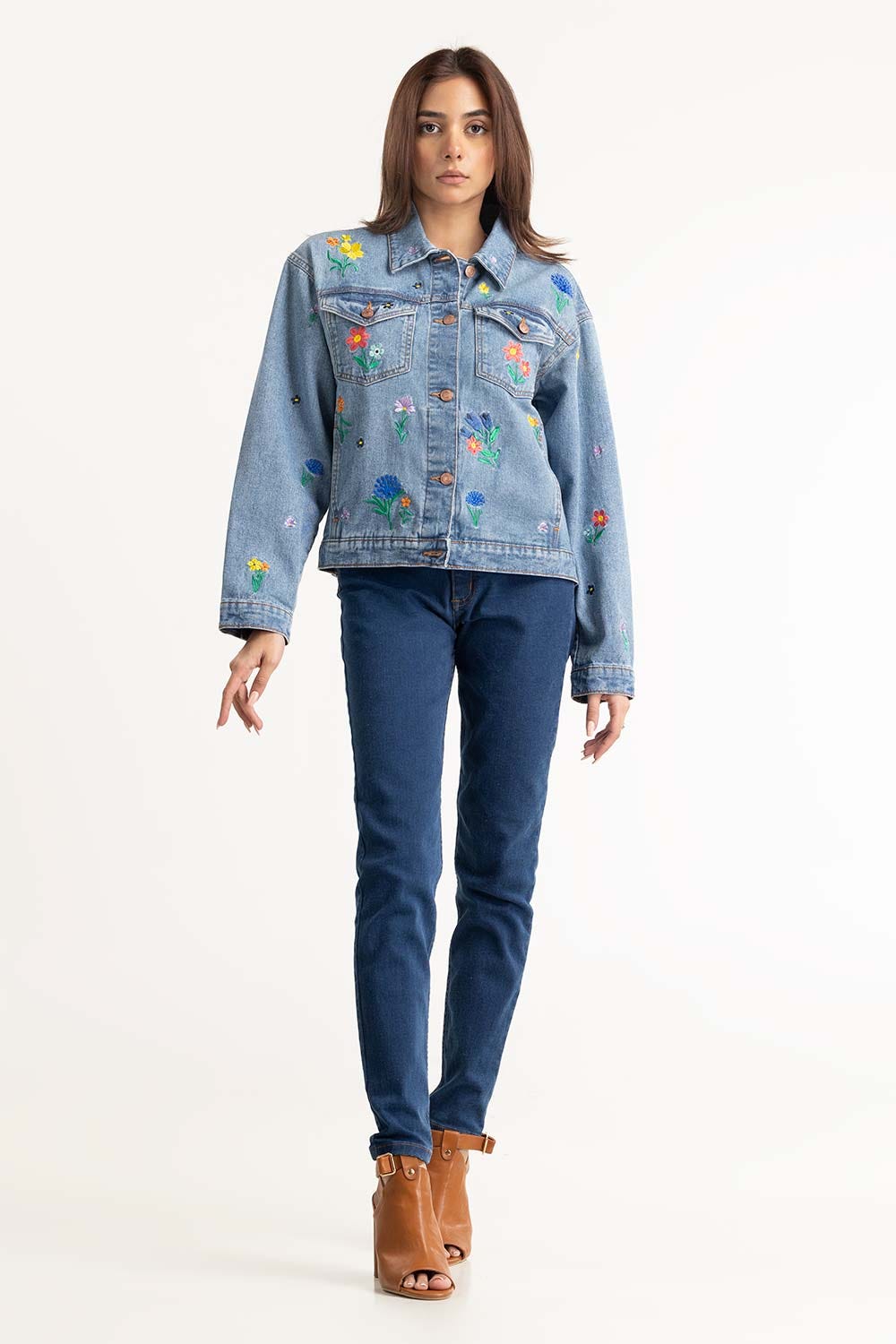 Blue Embroidered Denim Jacket 224-210-041