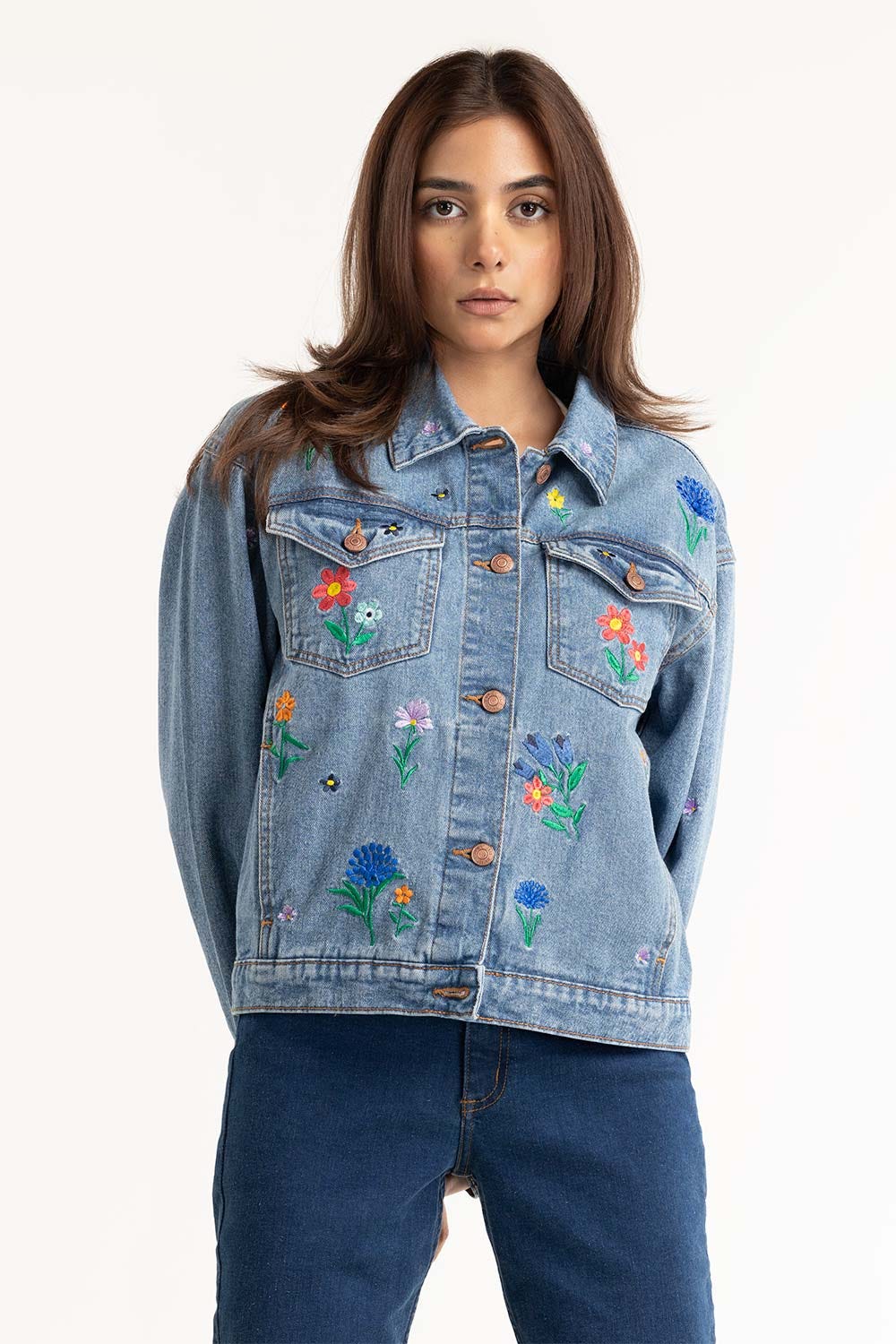 Blue Embroidered Denim Jacket 224-210-041