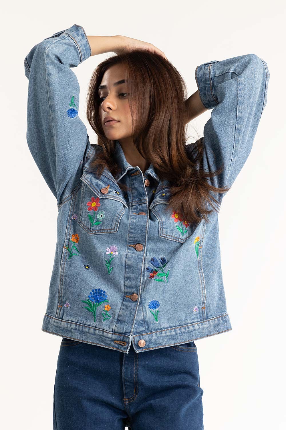 Blue Embroidered Denim Jacket 224-210-041