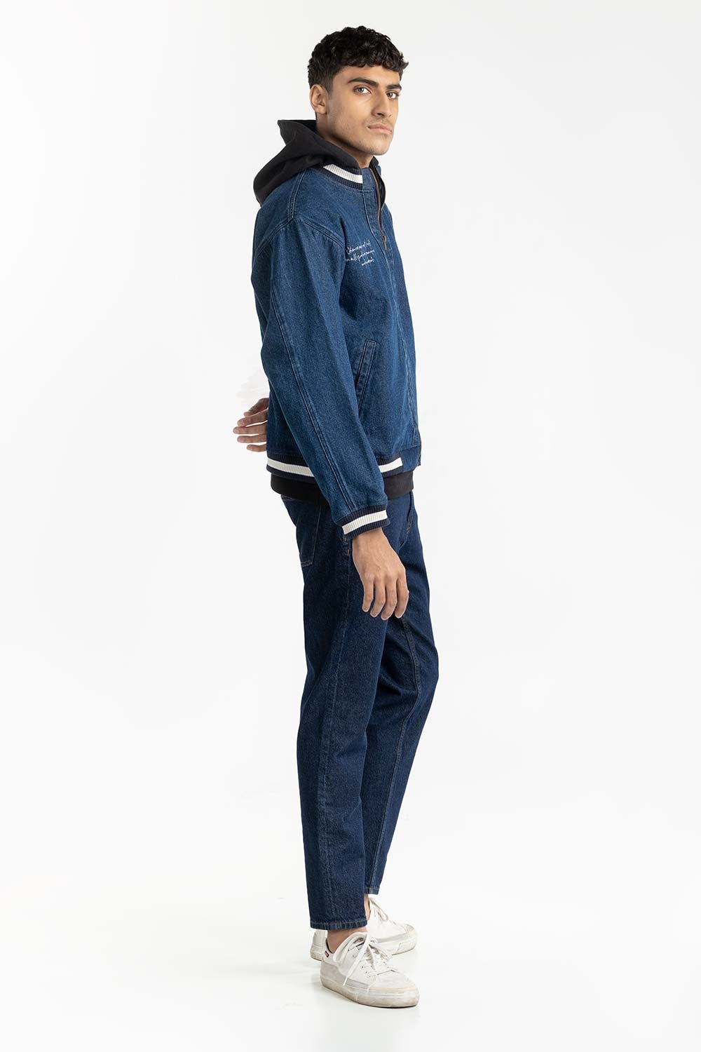 Blue Ribbed Collared Denim Jacket 224-110-038