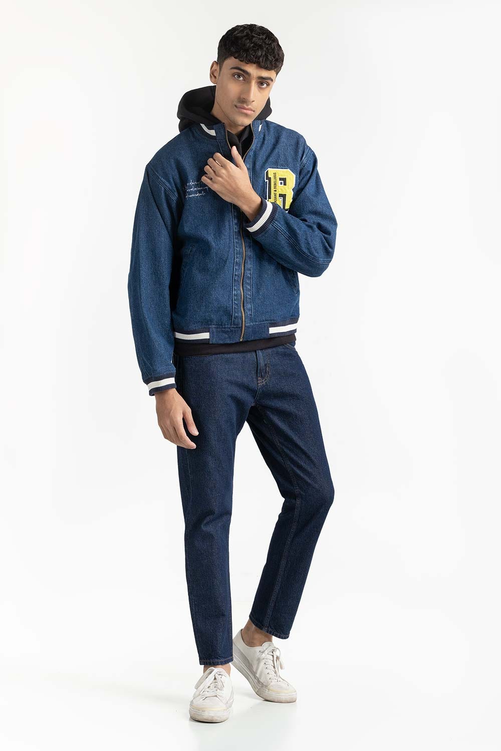 Blue Ribbed Collared Denim Jacket 224-110-038