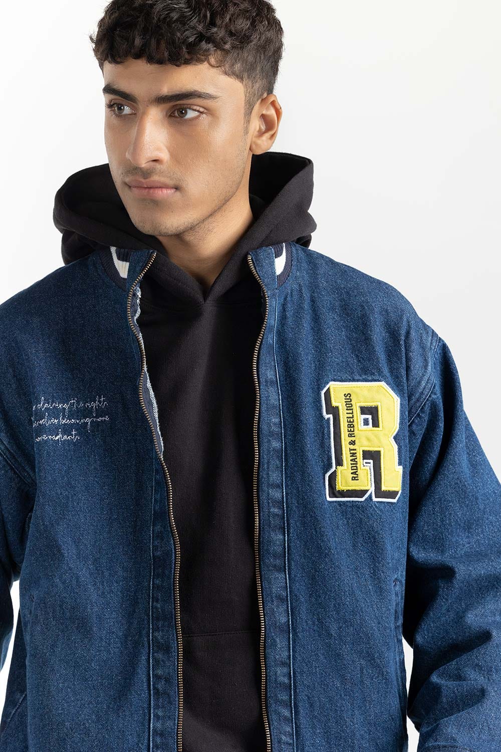 Blue Ribbed Collared Denim Jacket 224-110-038