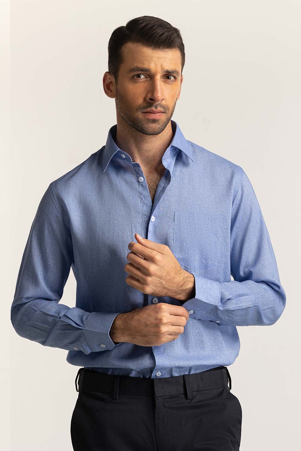 Blue Self Textured Cotton Linen Formal Shirt MN-FS-PD24-074