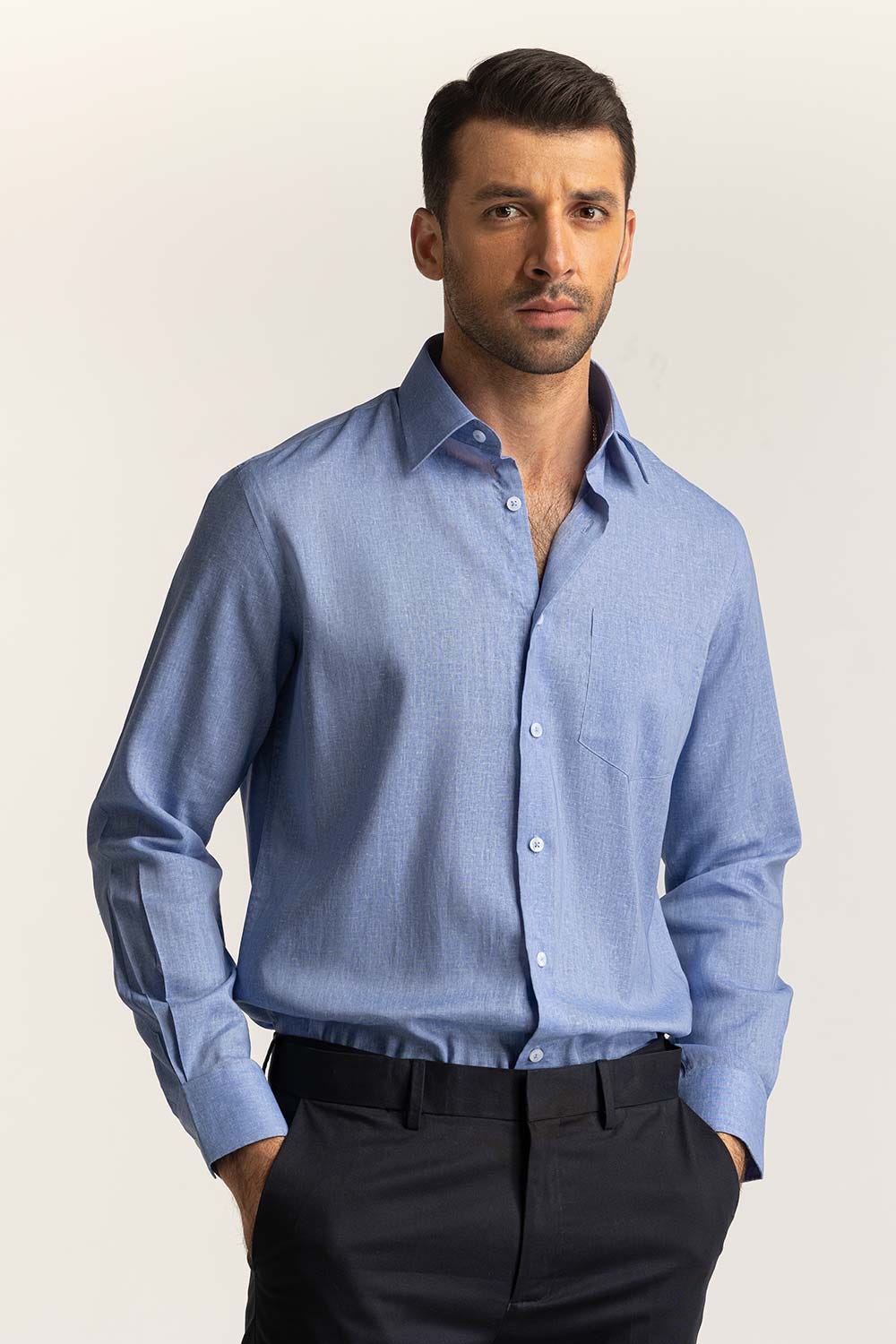 Blue Self Textured Cotton Linen Formal Shirt MN-FS-PD24-074