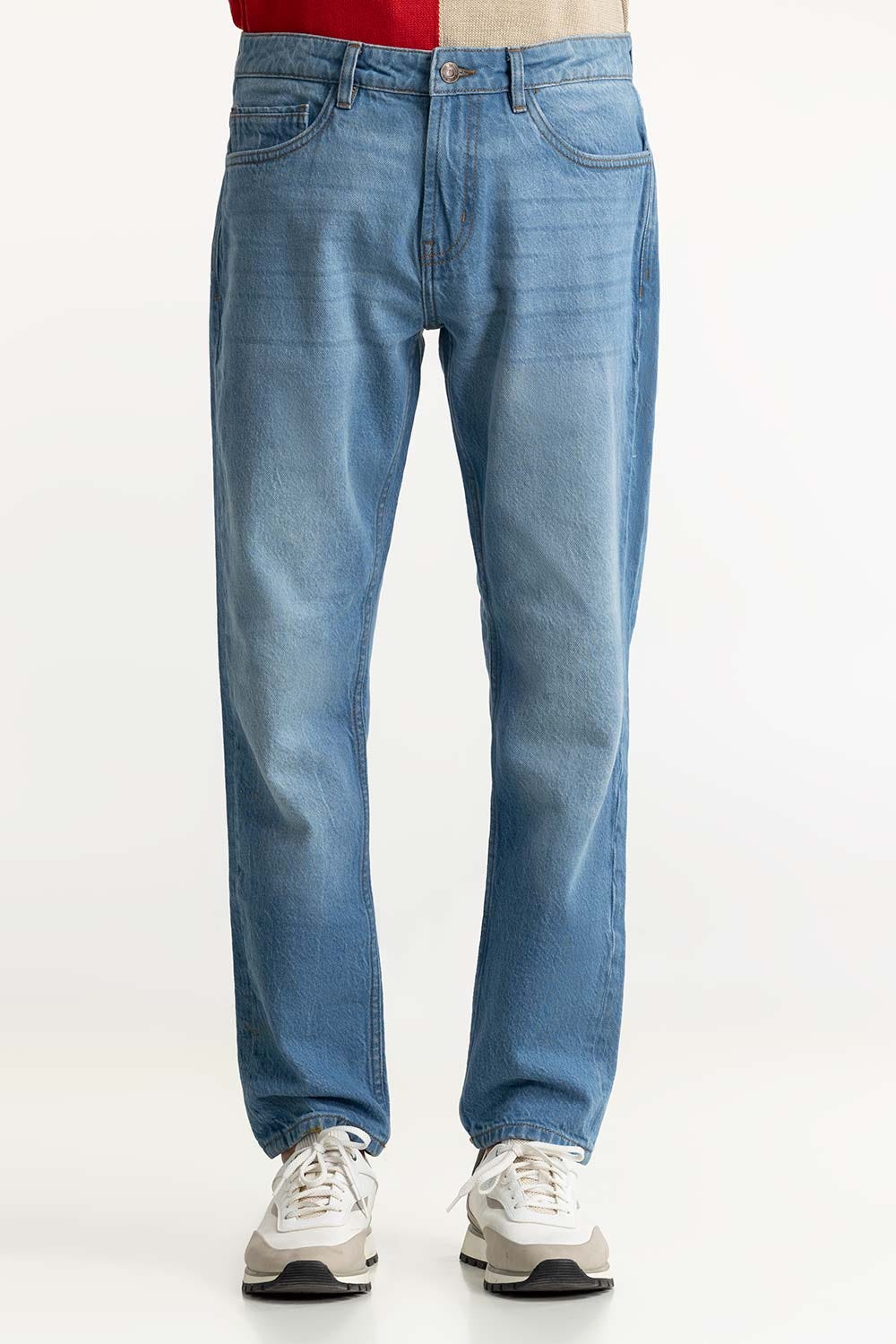 Blue Slim Fit Jeans With Whiskers Detail 224-121-006