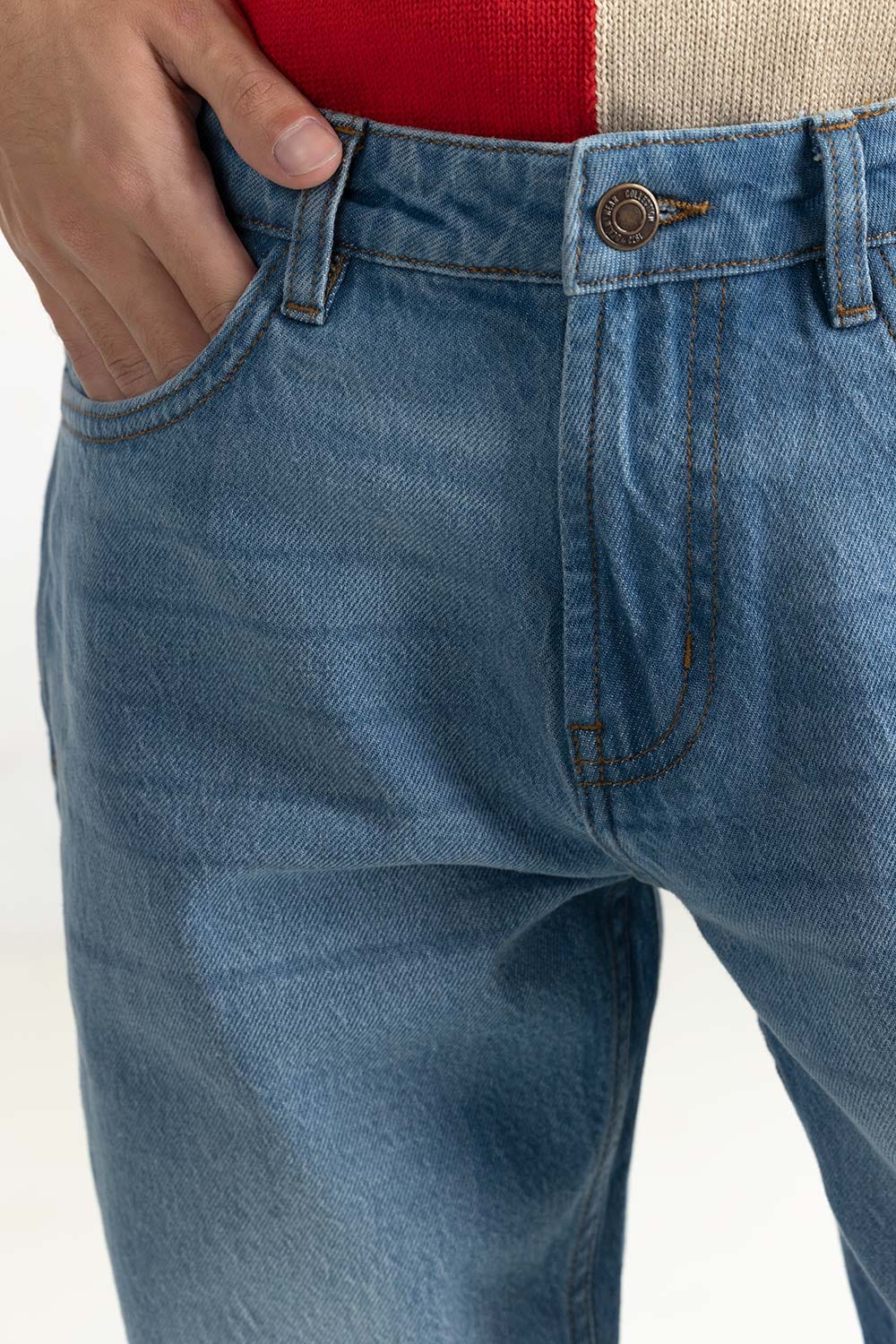 Blue Slim Fit Jeans With Whiskers Detail 224-121-006