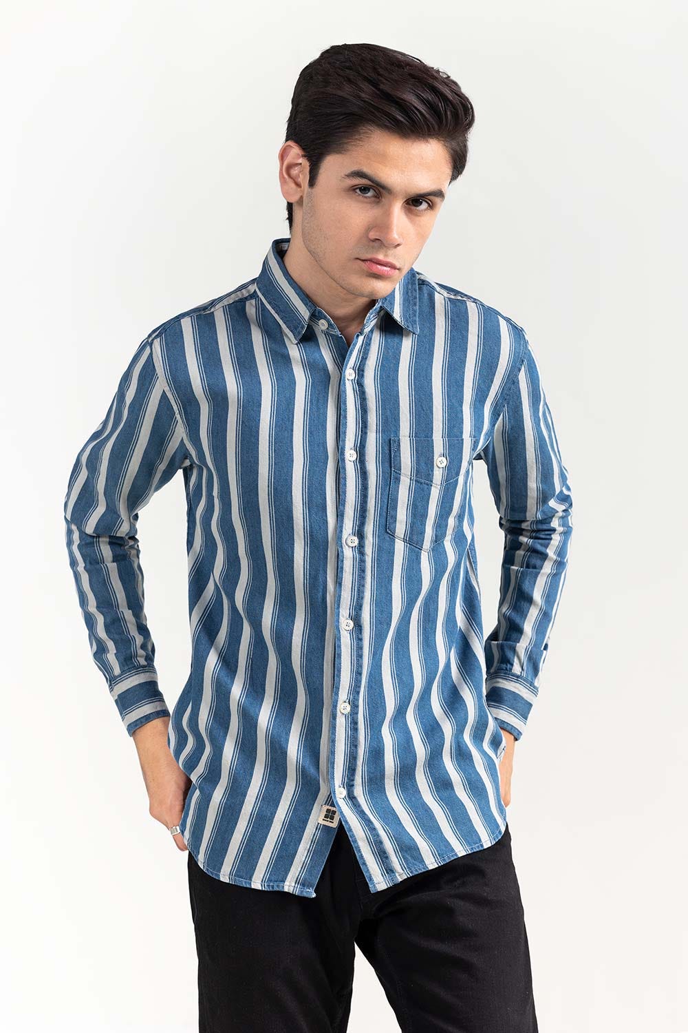 Blue Striped Casual Denim Shirt M-DNM-S-006 CS