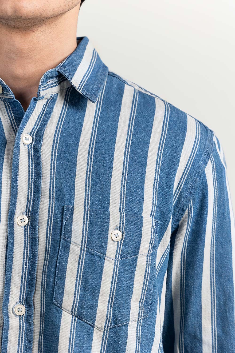 Blue Striped Casual Denim Shirt M-DNM-S-006 CS