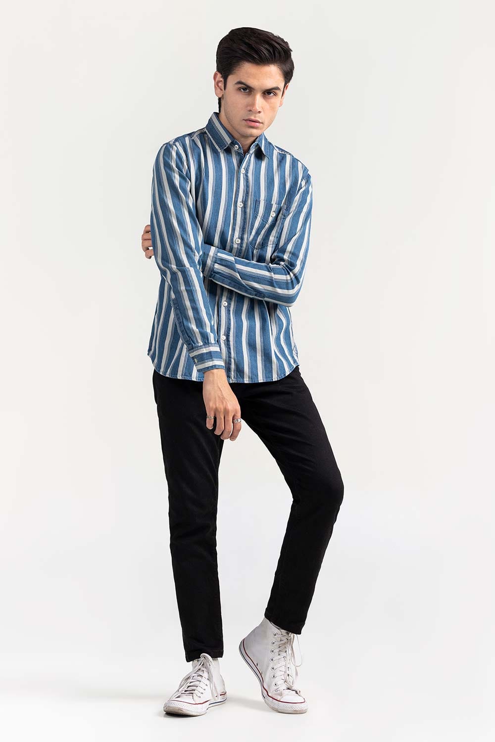Blue Striped Casual Denim Shirt M-DNM-S-006 CS