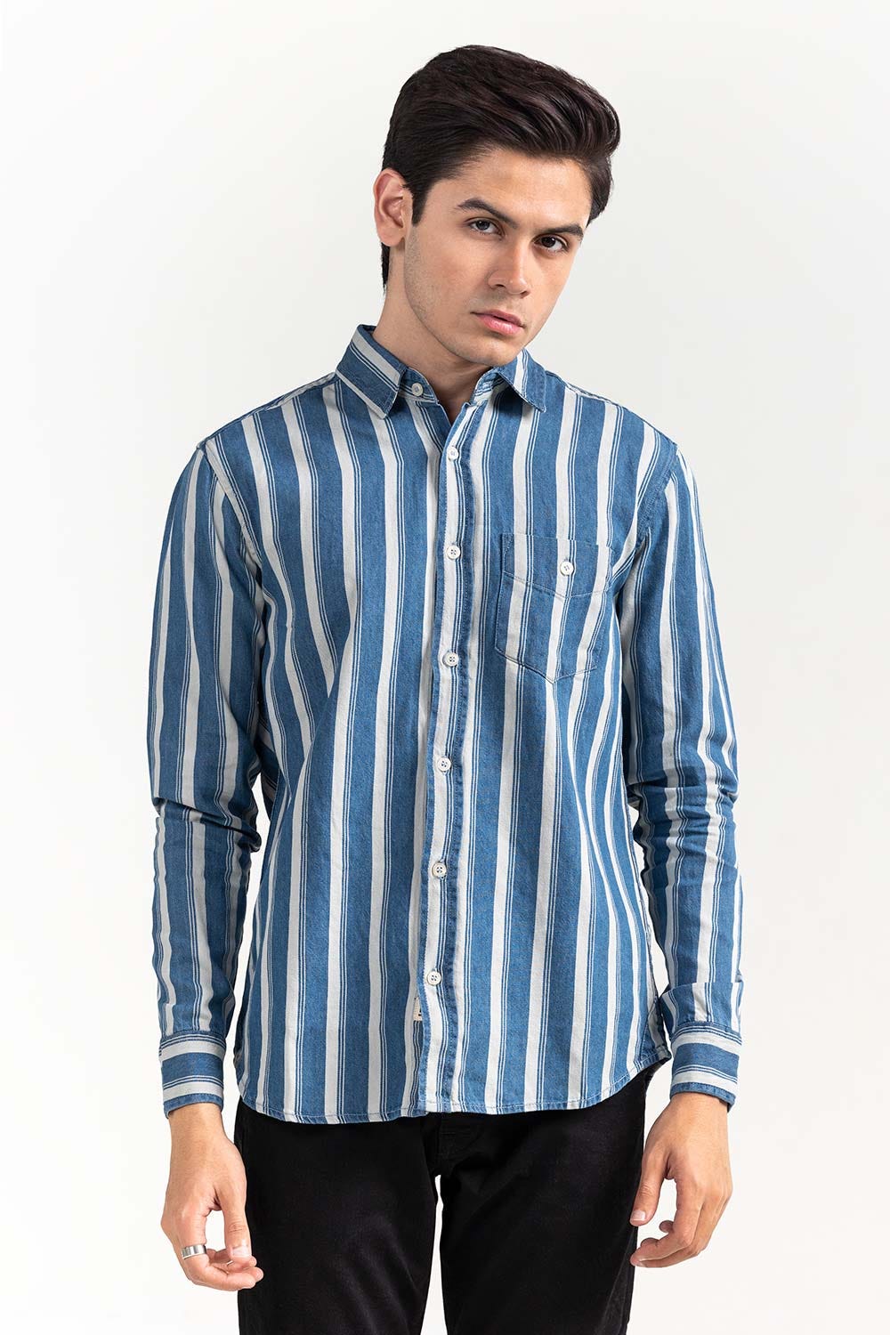 Blue Striped Casual Denim Shirt M-DNM-S-006 CS