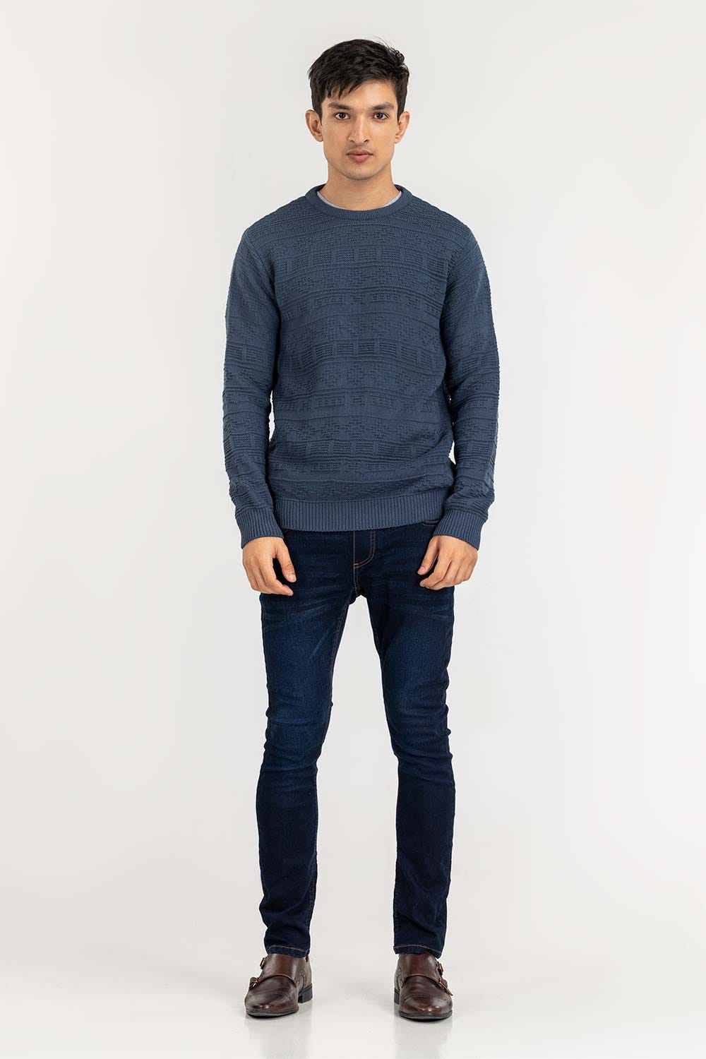 Blue Textured Crew Neck Sweater SWT-FFSCN22-104