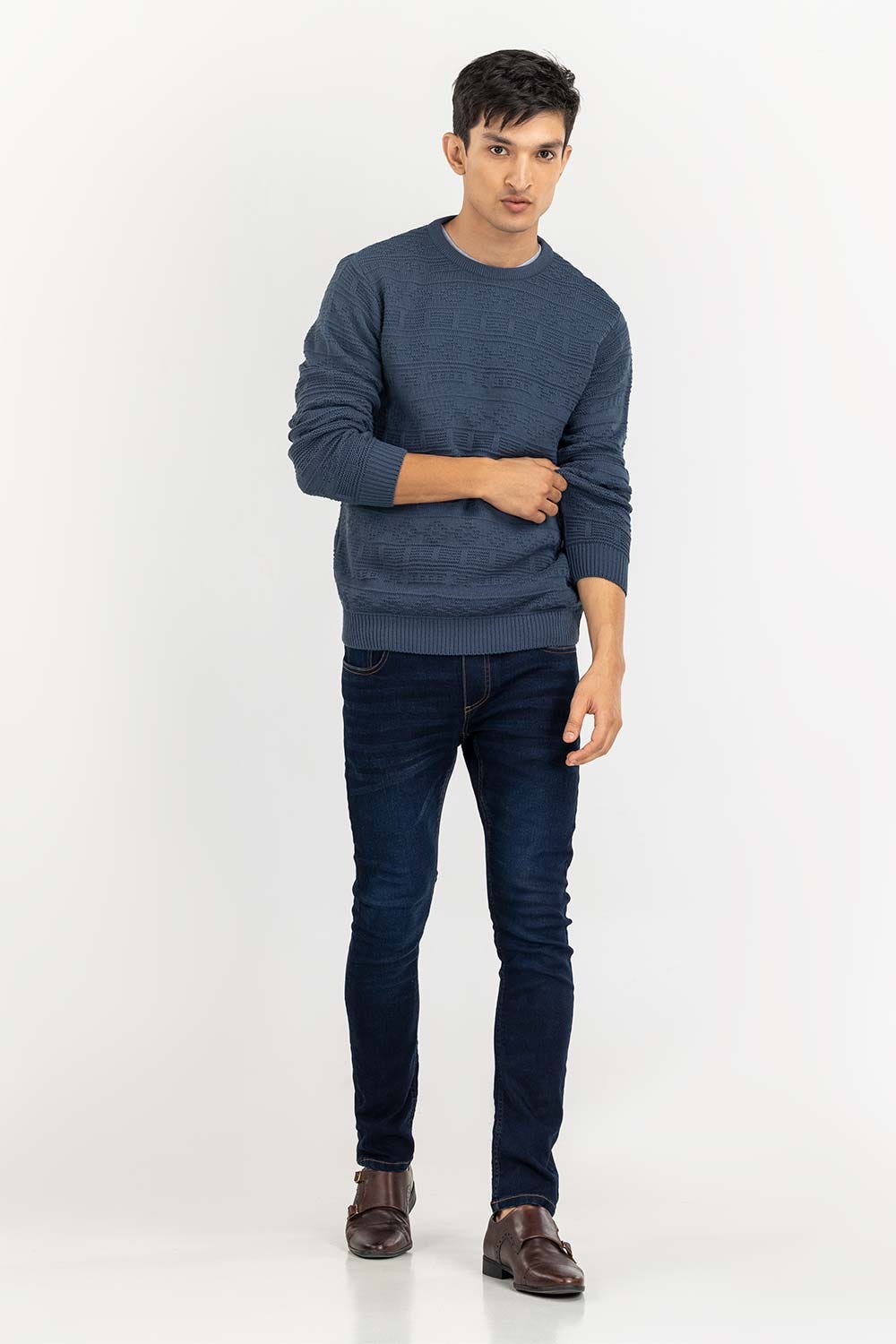 Blue Textured Crew Neck Sweater SWT-FFSCN22-104