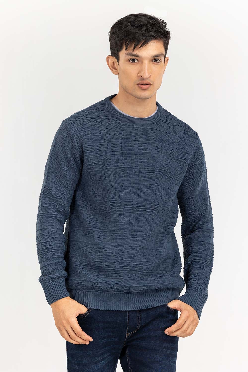 Blue Textured Crew Neck Sweater SWT-FFSCN22-104