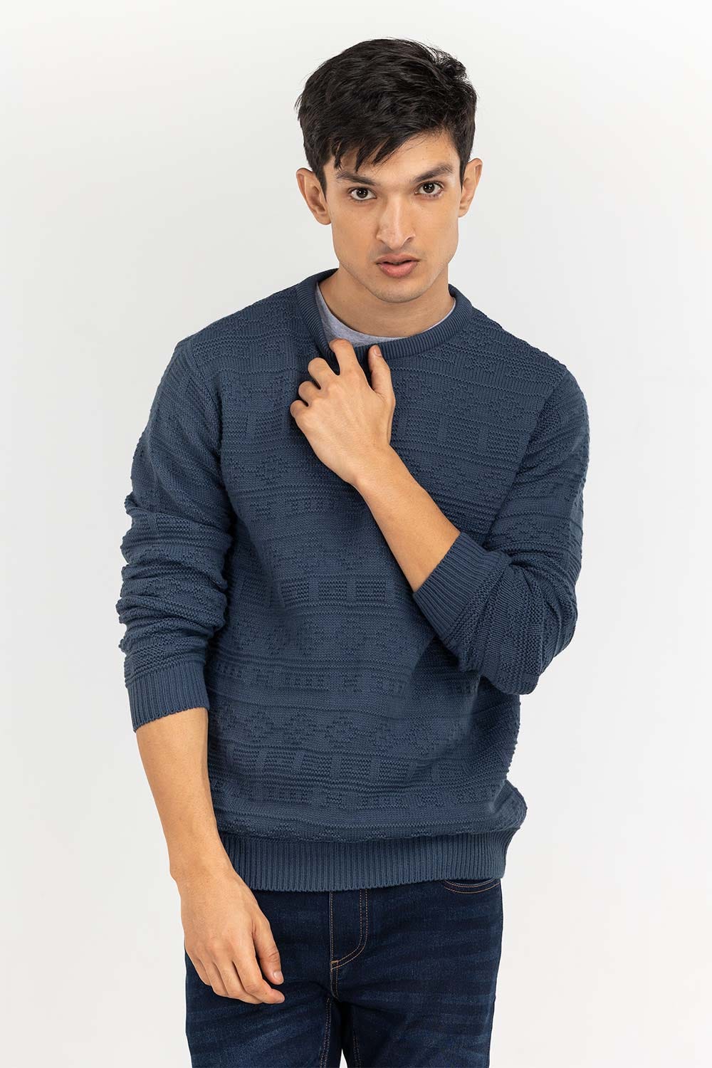 Blue Textured Crew Neck Sweater SWT-FFSCN22-104