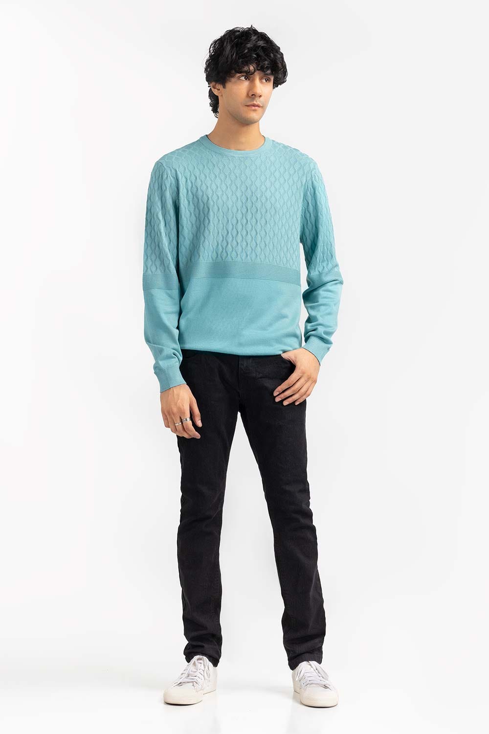 Blue Textured Crew Neck Sweater SWT-FFSCN22-248