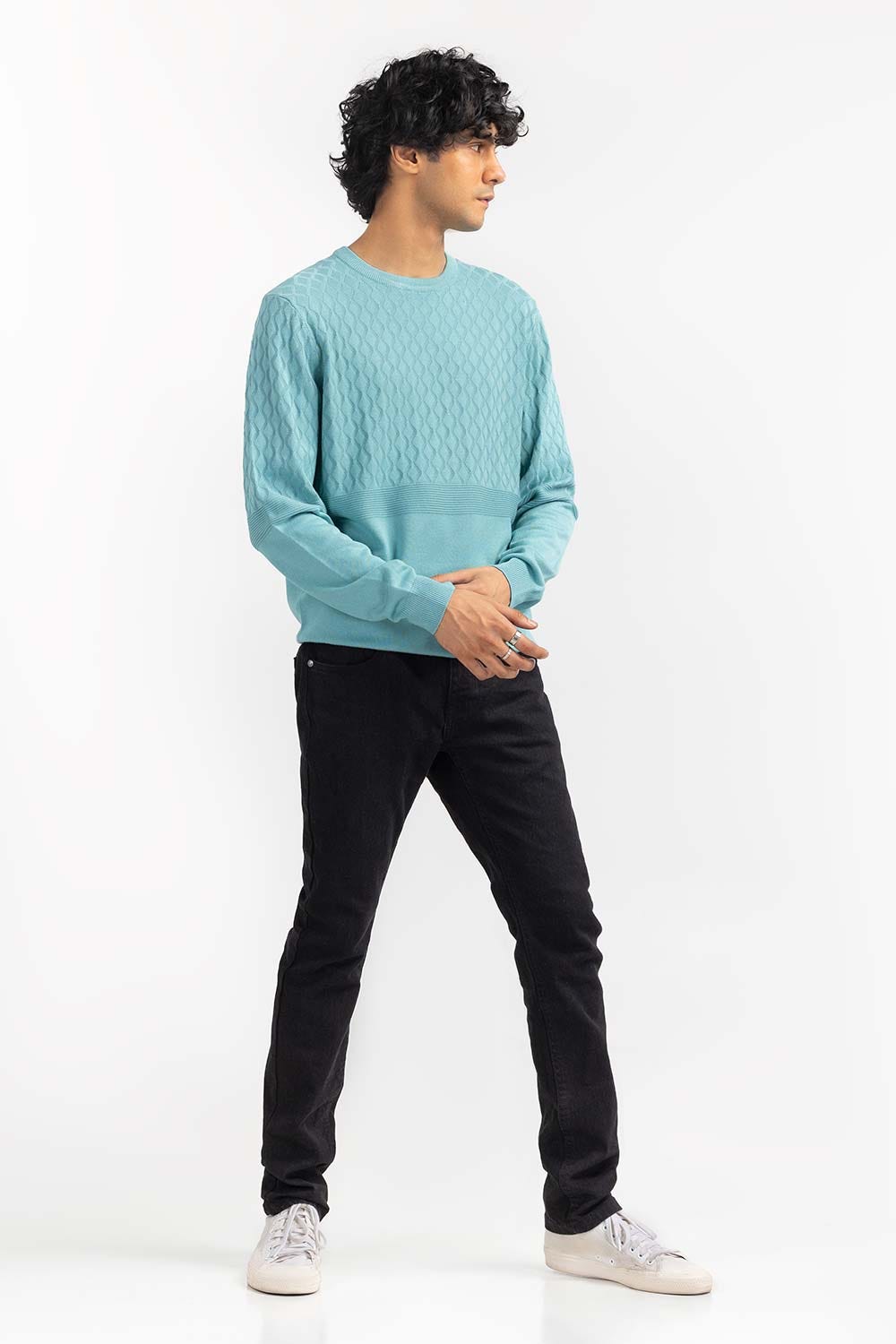 Blue Textured Crew Neck Sweater SWT-FFSCN22-248
