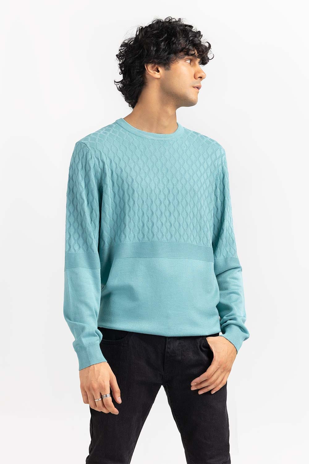 Blue Textured Crew Neck Sweater SWT-FFSCN22-248