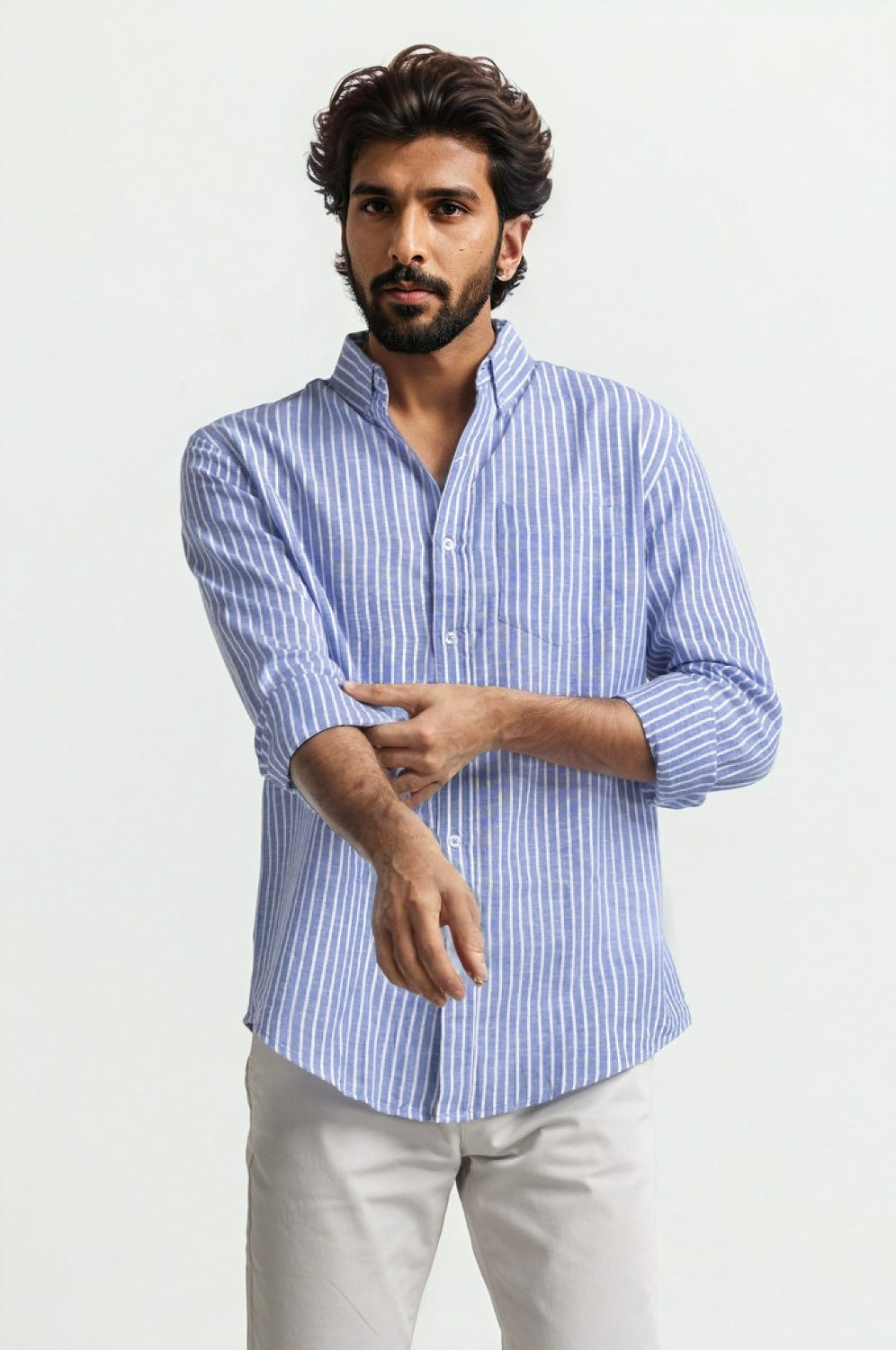 Blue White Striped Linen Casual Shirt MN-CS-SS24-002