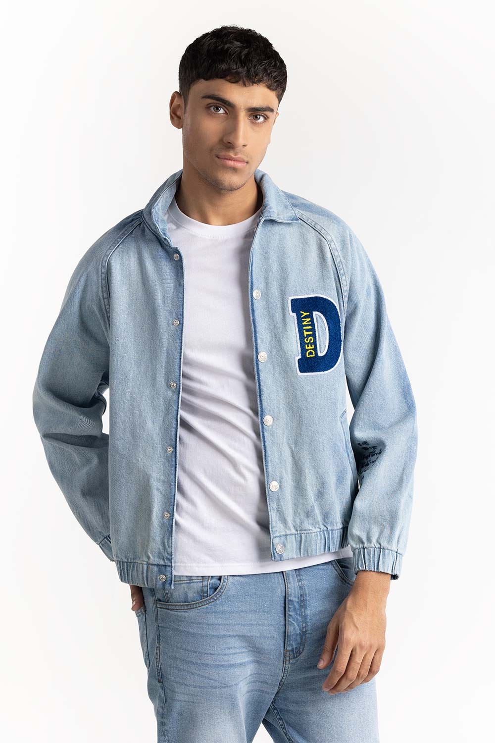 Light Blue Bomber Jacket with Embroided Patch 224-110-035