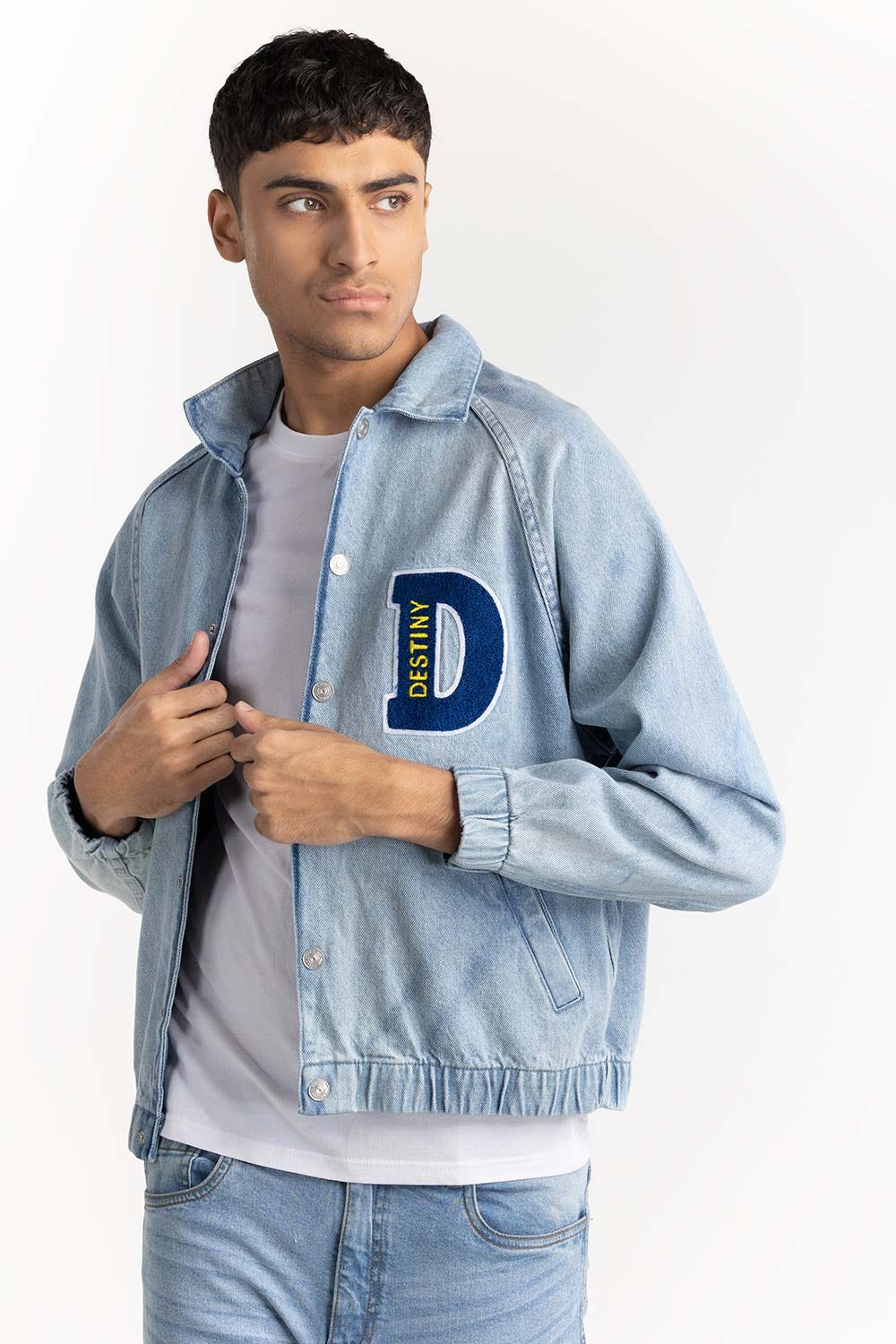 Light Blue Bomber Jacket with Embroided Patch 224-110-035