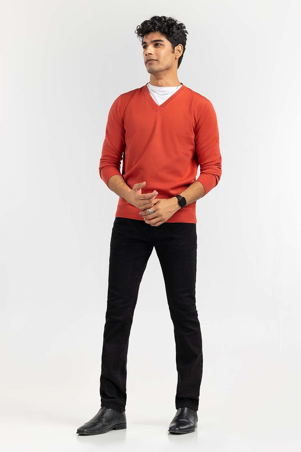 Brick-Red Basic V Neck Sweater SWT-BFSVN-22-008