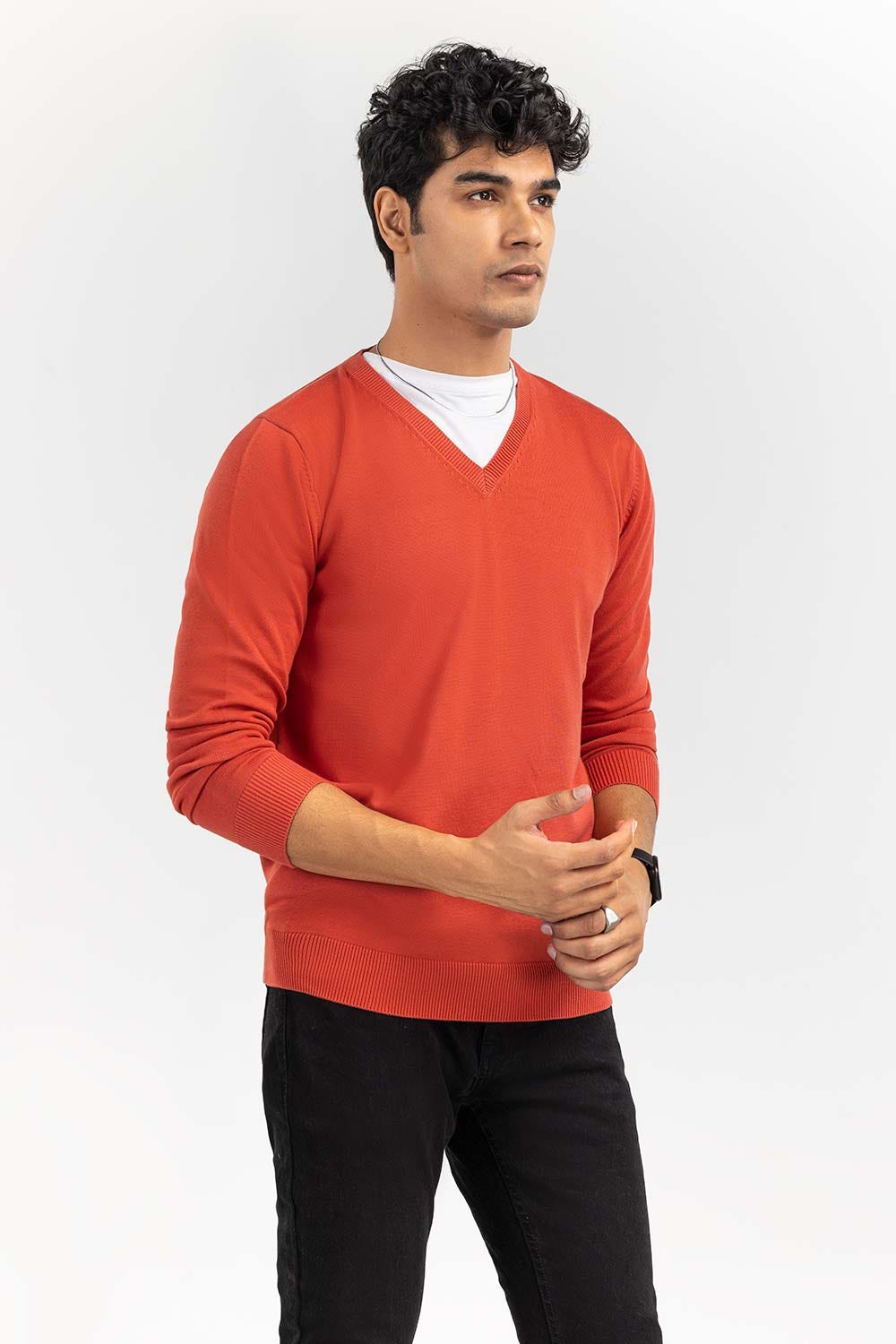 Brick-Red Basic V Neck Sweater SWT-BFSVN-22-008