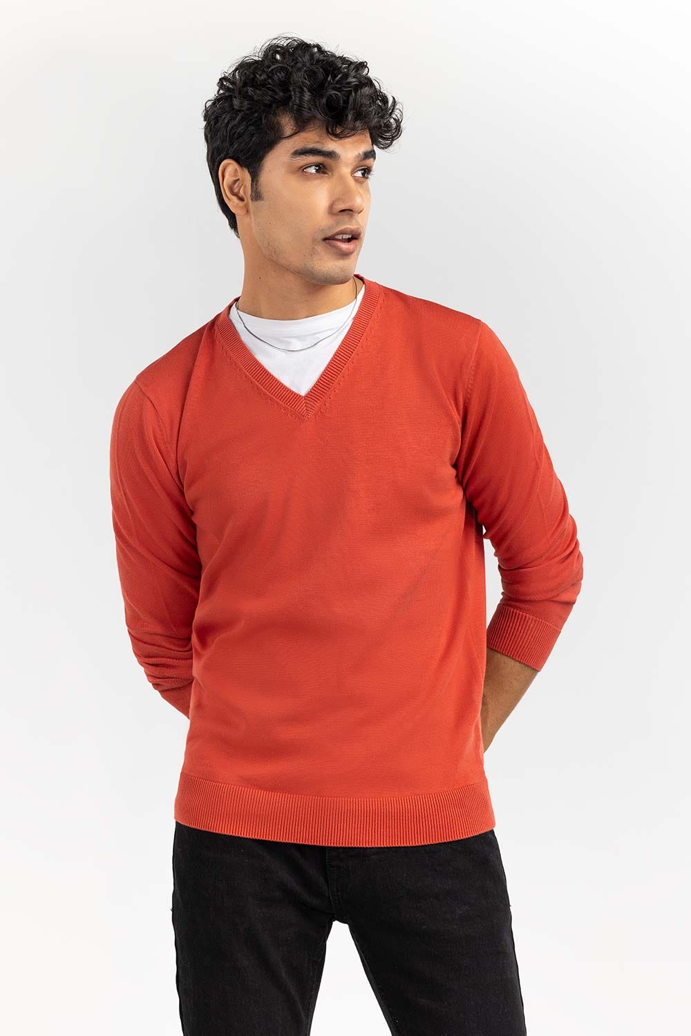 Brick-Red Basic V Neck Sweater SWT-BFSVN-22-008