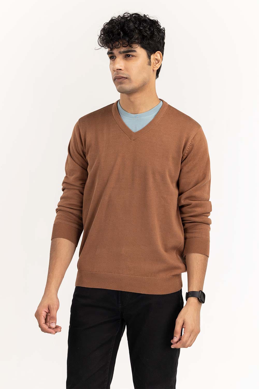 Brown Basic V-Neck Sweater SWT-BFSVN-22-002