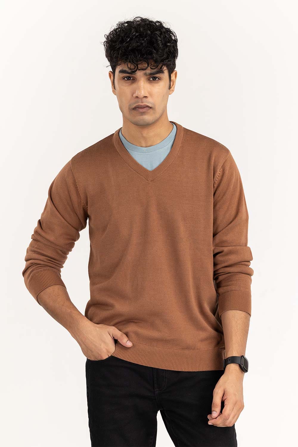 Brown Basic V-Neck Sweater SWT-BFSVN-22-002