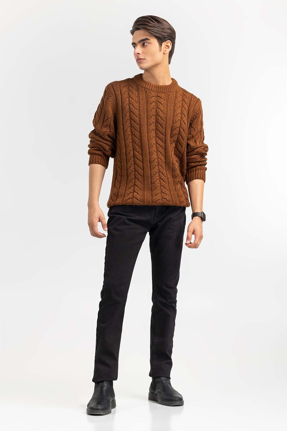 Brown Cabling Crew Neck Sweater SWT-FFSCN22-259