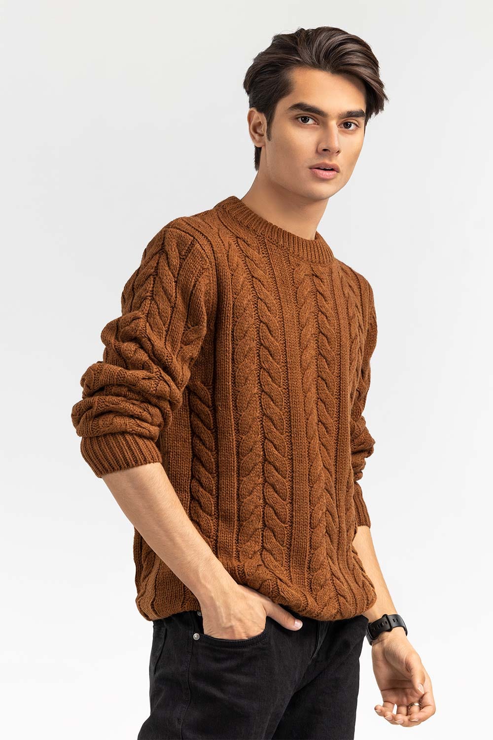 Brown Cabling Crew Neck Sweater SWT-FFSCN22-259
