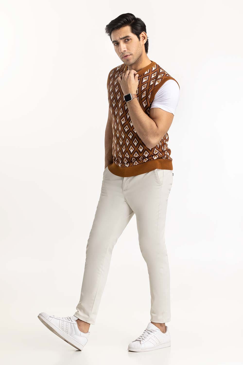 Brown Diamond Pattern Sleeveless Sweater SWT-FSLCD22-147
