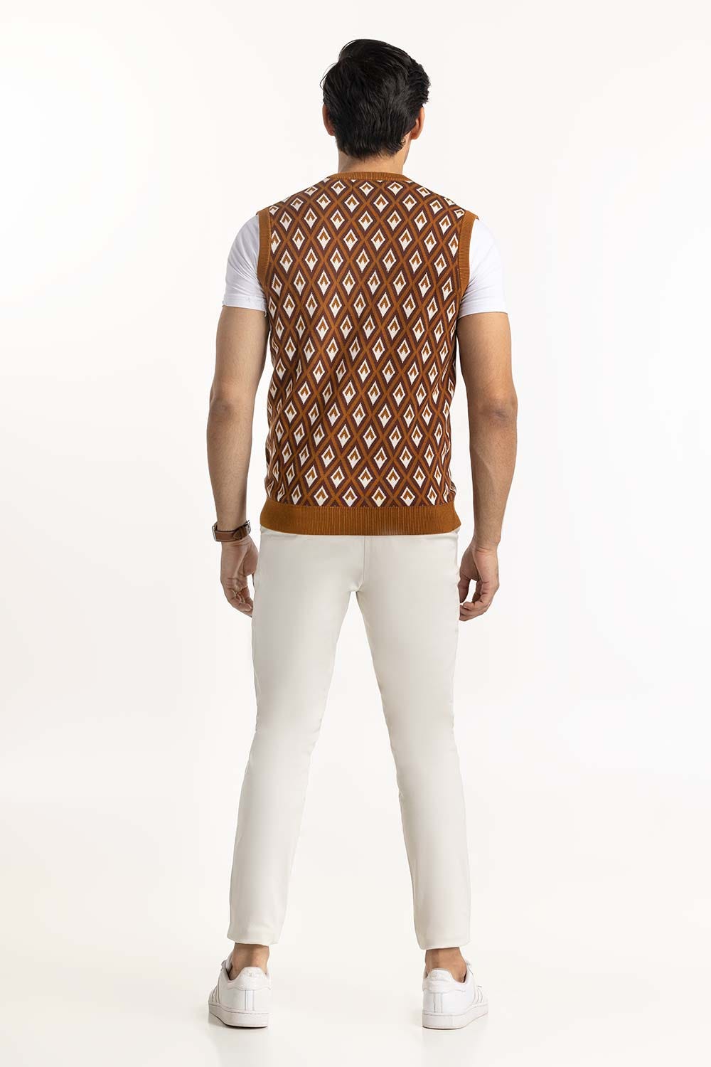 Brown Diamond Pattern Sleeveless Sweater SWT-FSLCD22-147