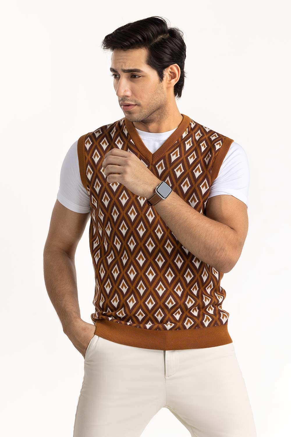 Brown Diamond Pattern Sleeveless Sweater SWT-FSLCD22-147