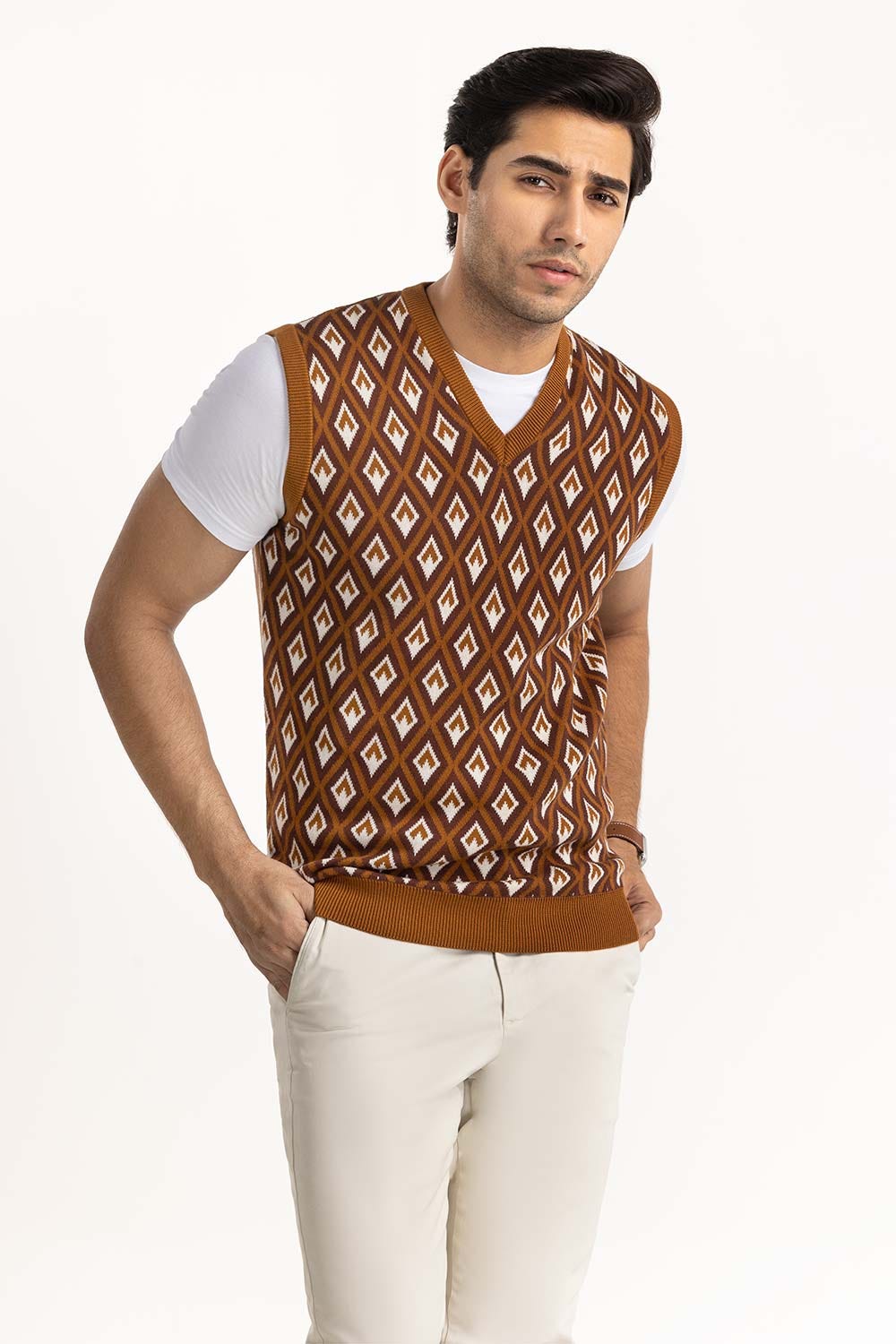 Brown Diamond Pattern Sleeveless Sweater SWT-FSLCD22-147