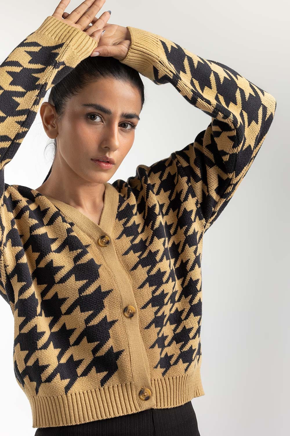 Brown Houndstooth Cardigan 224-211-066