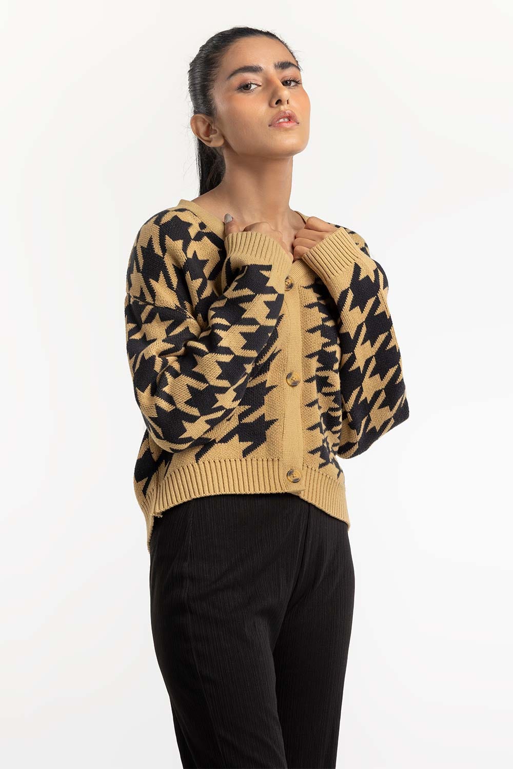 Brown Houndstooth Cardigan 224-211-066