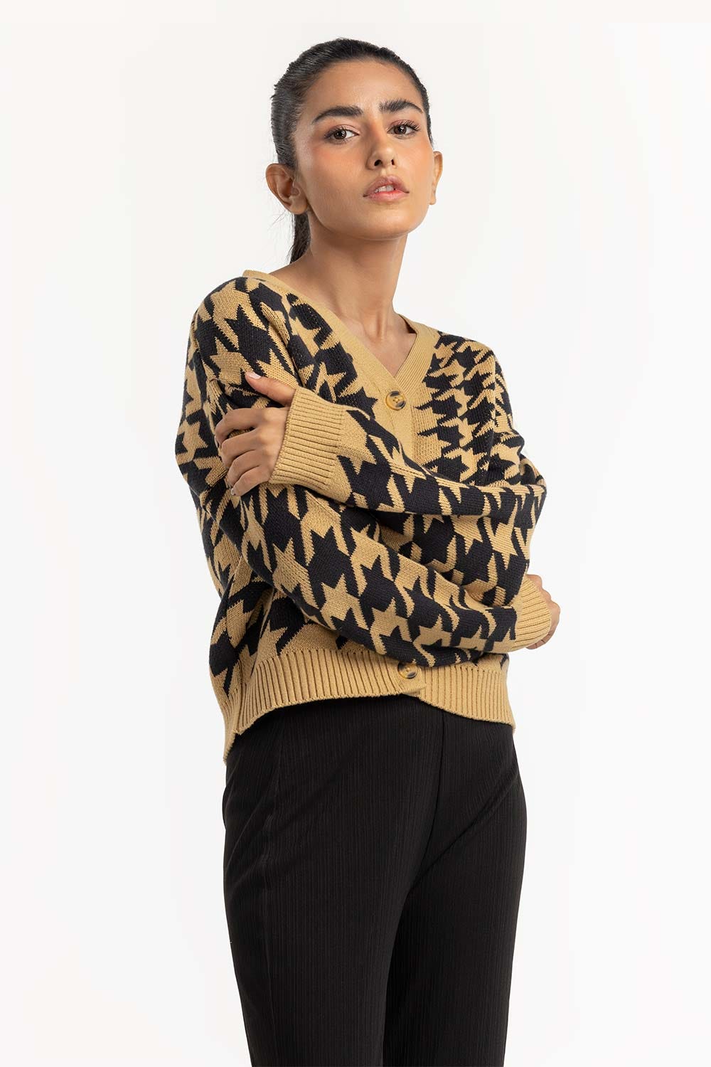 Brown Houndstooth Cardigan 224-211-066