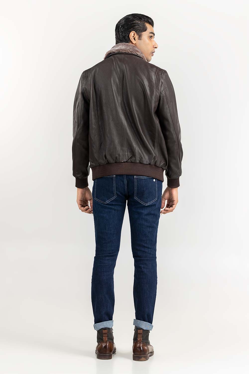 Brown Leather Flight Jacket with Fur Collar JKT-LTH22-052