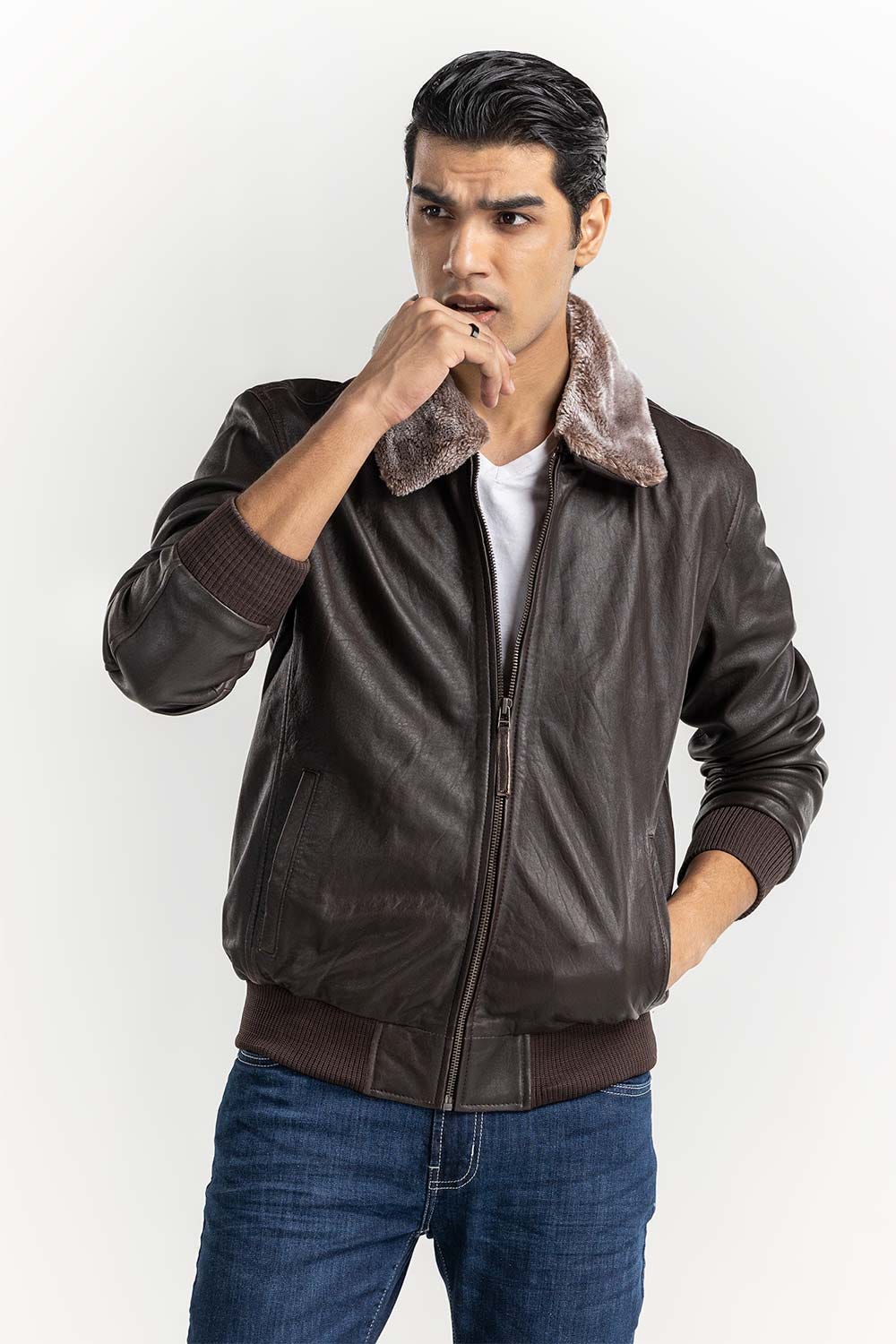 Brown Leather Flight Jacket with Fur Collar JKT-LTH22-052