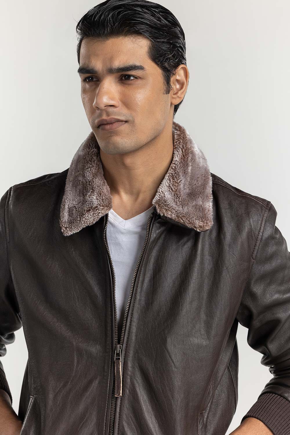 Brown Leather Flight Jacket with Fur Collar JKT-LTH22-052