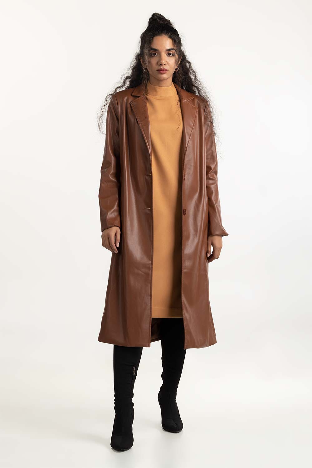 Brown Long Faux Leather Coat 224-210-063