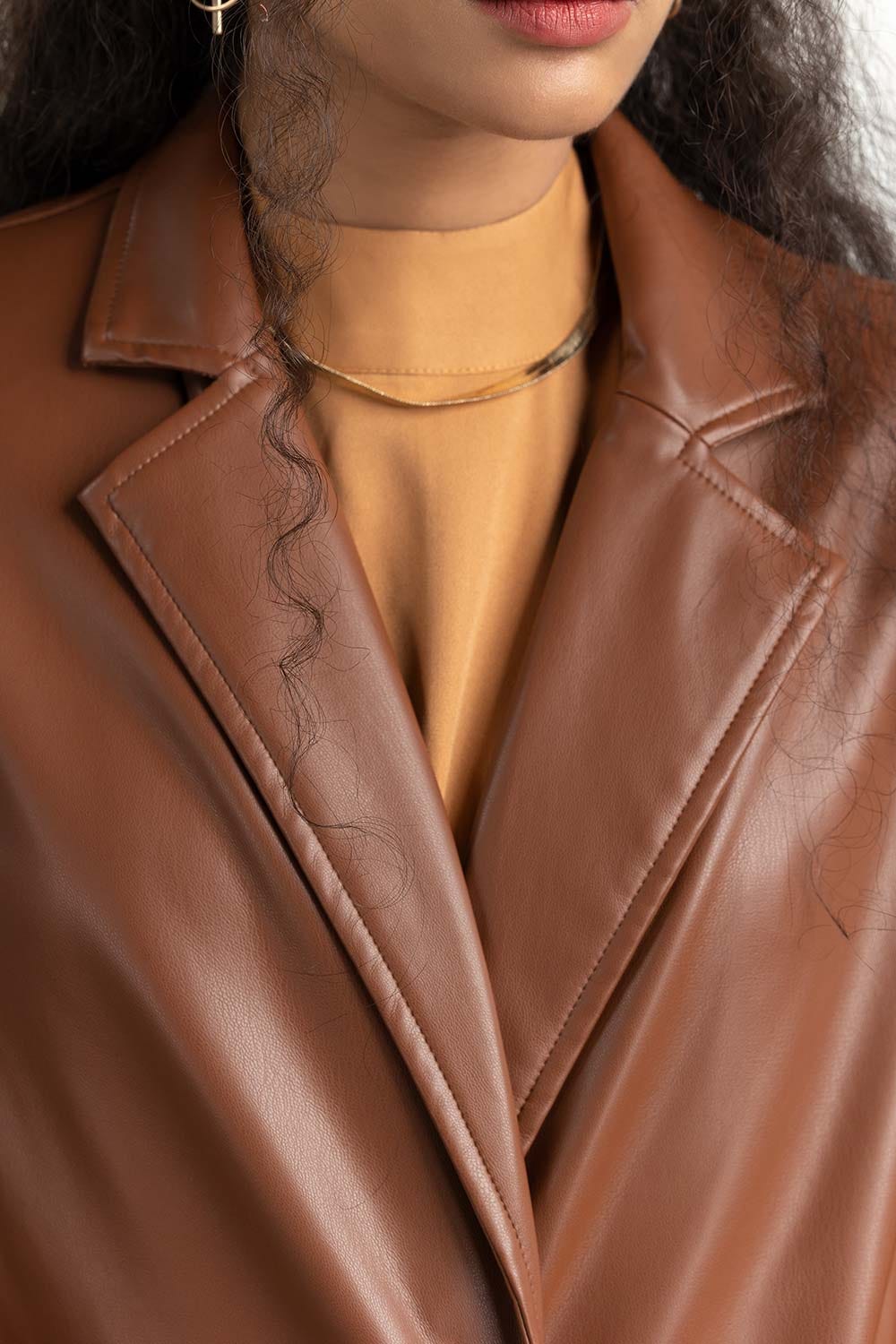 Brown Long Faux Leather Coat 224-210-063