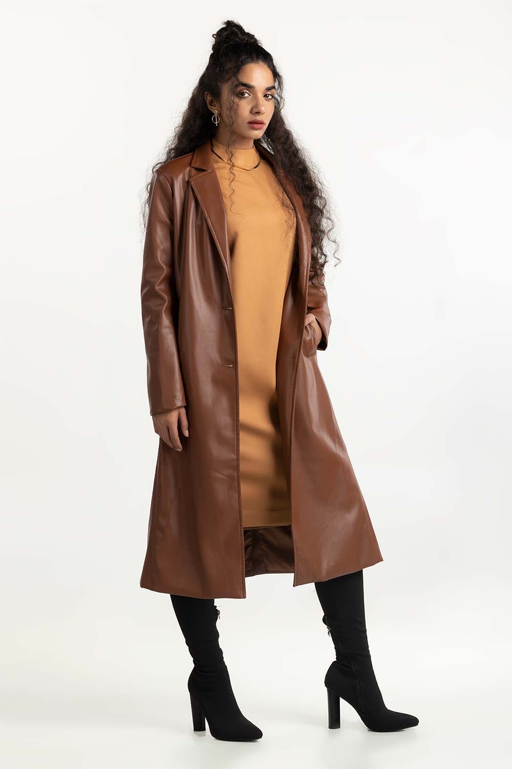Brown Long Faux Leather Coat 224-210-063
