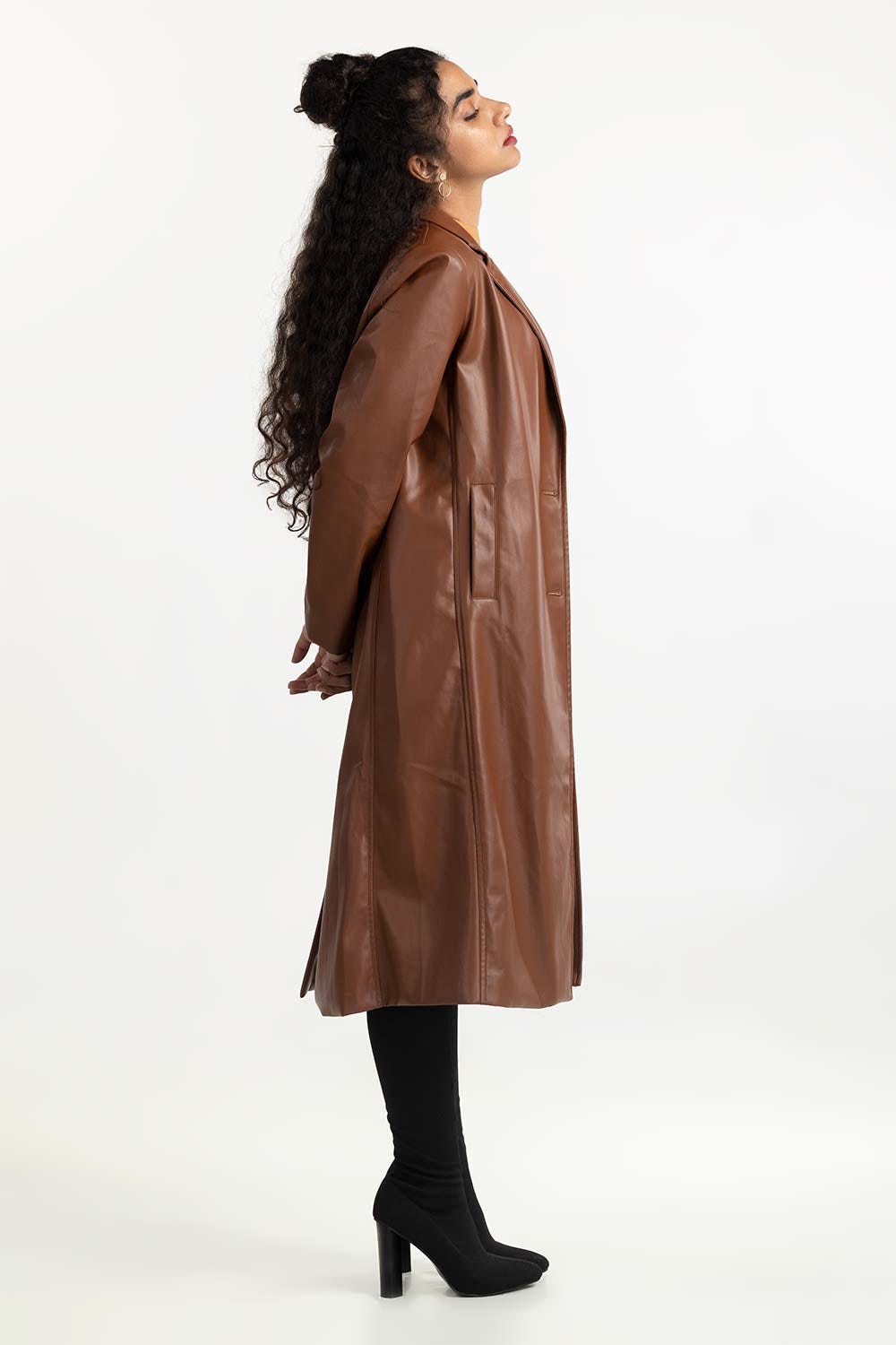 Brown Long Faux Leather Coat 224-210-063