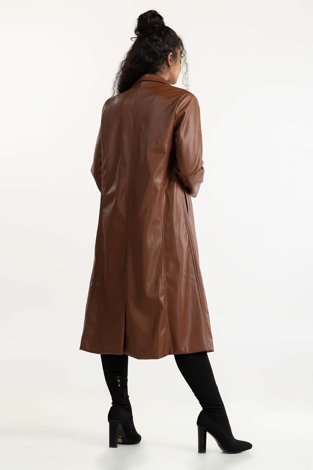Brown Long Faux Leather Coat 224-210-063