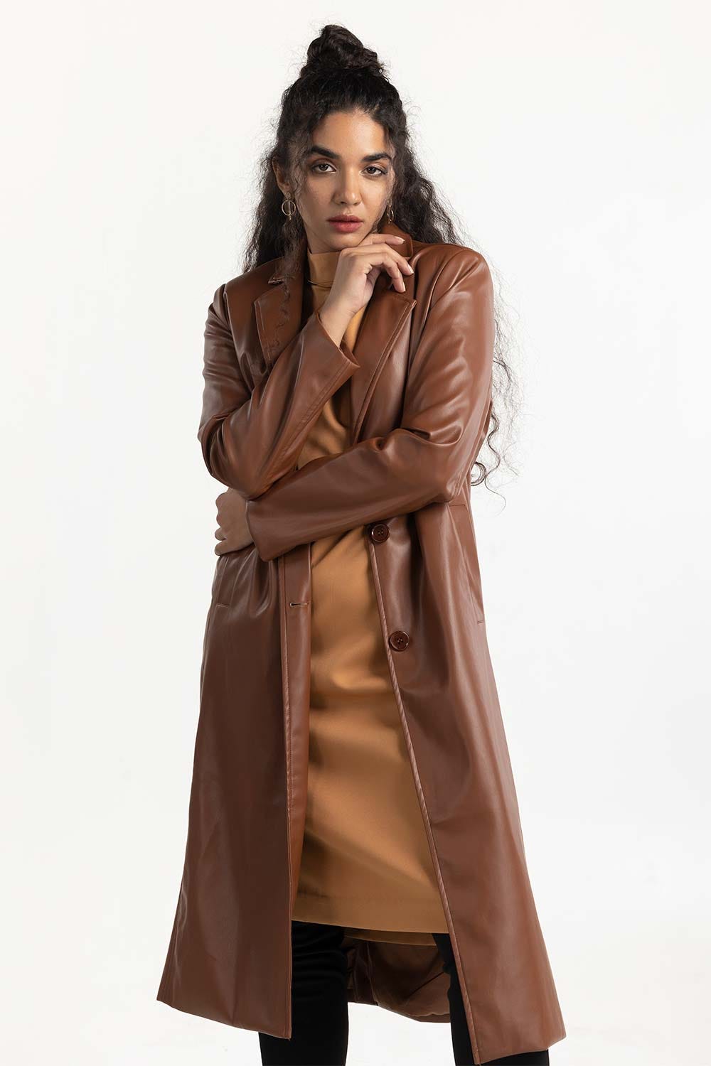 Brown Long Faux Leather Coat 224-210-063
